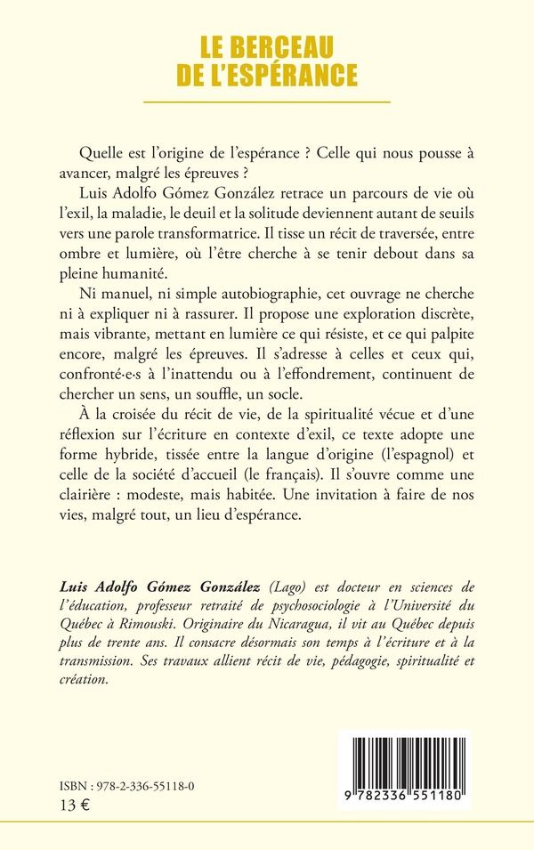 Quatrième de couverture de « Le berceau de l'espérance »