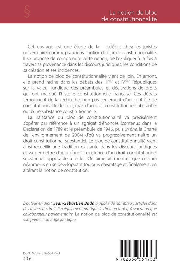 Quatrième de couverture de « La notion de bloc de constitutionnalité »
