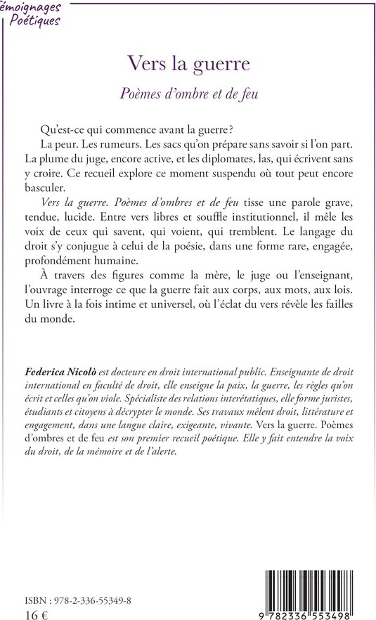 Quatrième de couverture de « Vers la guerre : poèmes d'ombre et de feu »