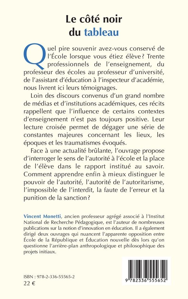 Quatrième de couverture de « Le côté noir du tableau : les souffrances à l'école »