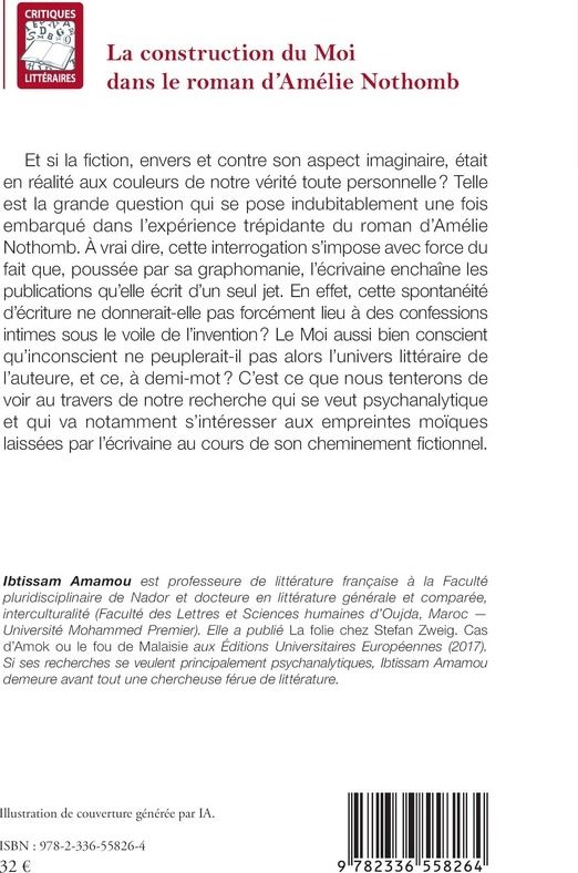 Quatrième de couverture de « La construction du moi dans le roman d'Amélie Nothomb »