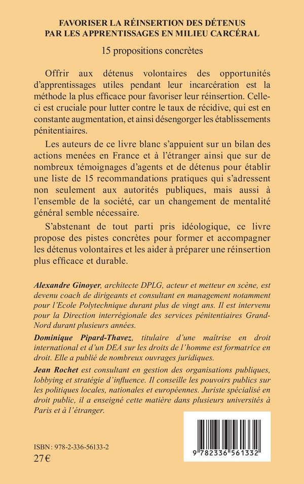 Quatrième de couverture de « Favoriser la réinsertion des détenus par les apprentissages en milieu carcéral : 15 propositions concrètes »
