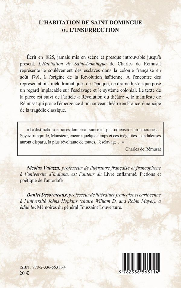 Quatrième de couverture de « L'habitation de Saint-Domingue ou L'insurrection : drame historique »