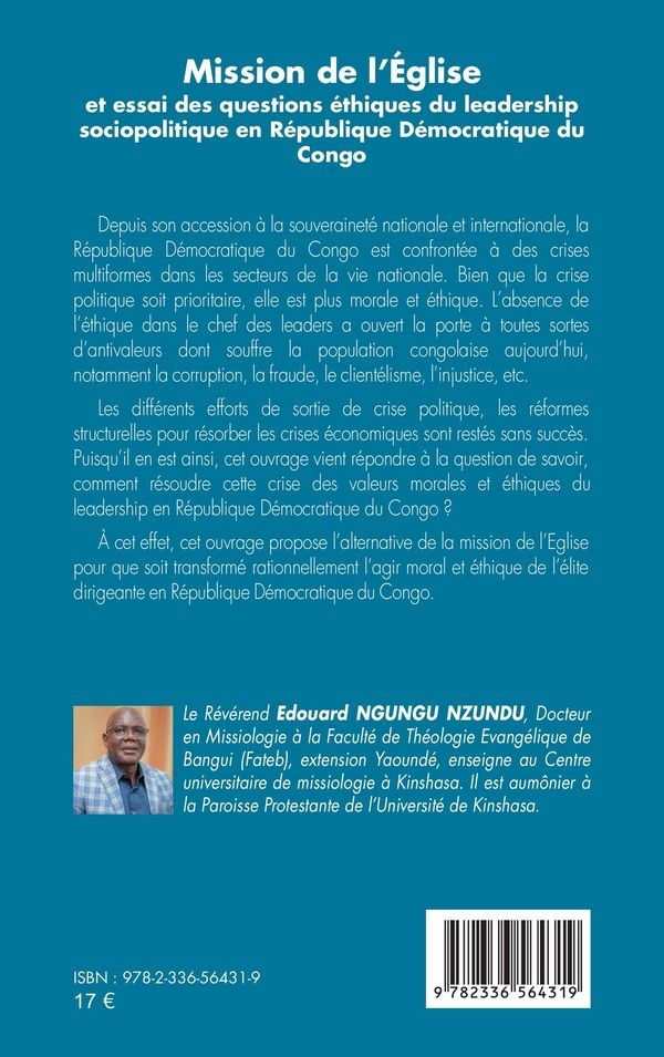 Quatrième de couverture de « Mission de l'Église et essai des questions éthiques du leadership sociopolitique en République démocratique du Congo »