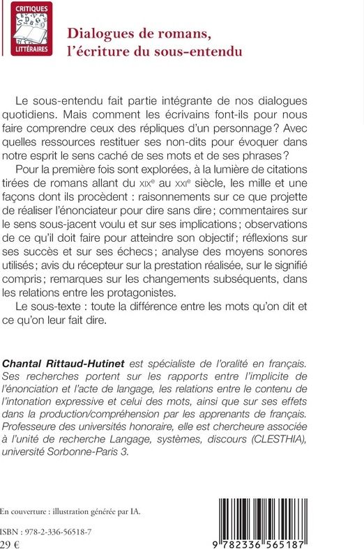 Quatrième de couverture de « Dialogues de romans, l'écriture du sous-entendu »