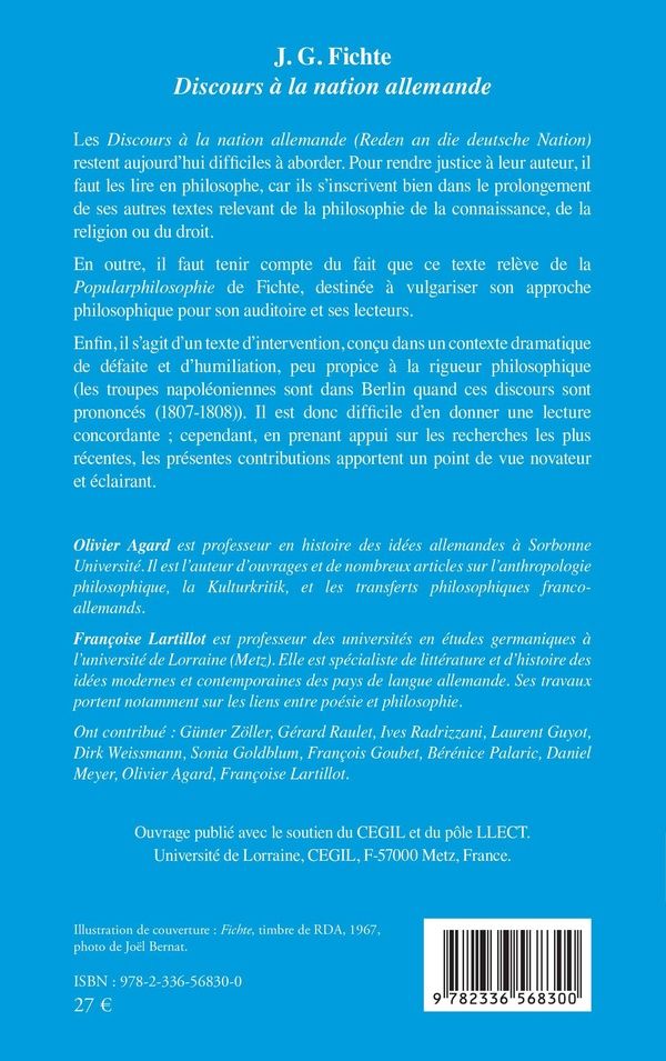 Quatrième de couverture de « J. G. Fichte, "Discours à la nation allemande" : lectures d'une oeuvre »