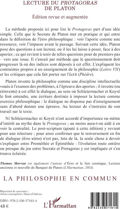 Quatrième de couverture de « Lecture du "Protagoras" de Platon »