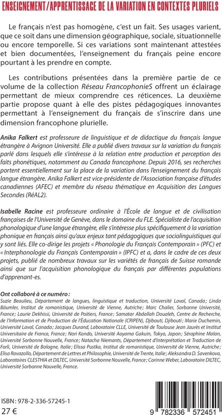 Quatrième de couverture de « Enseignement/Apprentissage de la variation en contextes pluriels »