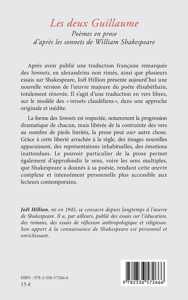 Quatrième de couverture de « LES DEUX GUILLAUME - POEMES EN PROSE D'APRES LES SONNETS DE WILLIAM SHAKESPEARE »