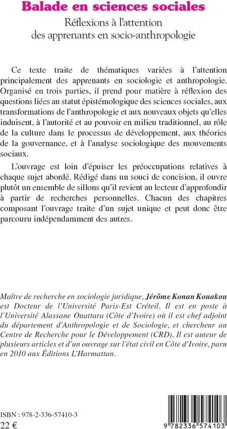 Quatrième de couverture de « BALADE EN SCIENCES SOCIALES - REFLEXIONS A L'ATTENTION DES APPRENANTS EN SOCIO-ANTHROPOLOGIE »