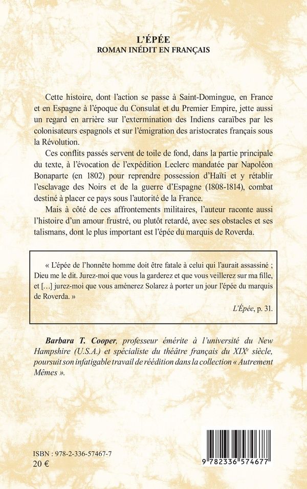 Quatrième de couverture de « L'épée : roman inédit en français »
