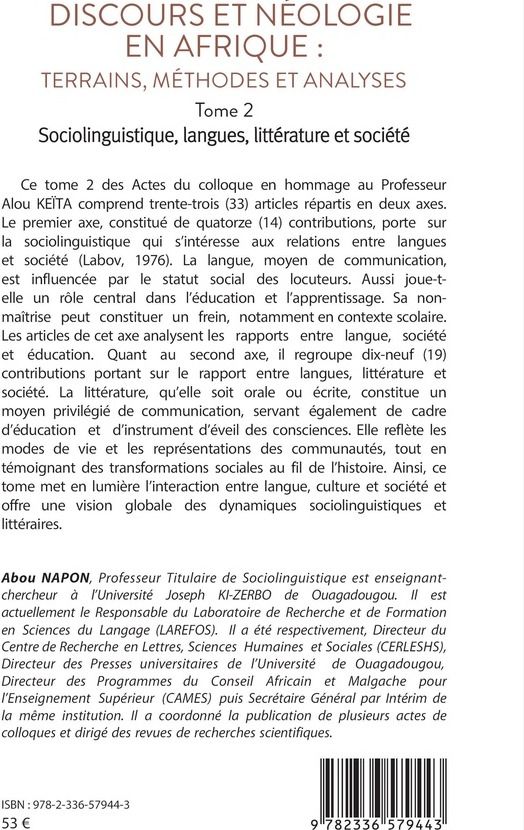 Quatrième de couverture de « Discours et néologie en Afrique : Terrains, méthodes et analyses : Sociolinguitique, langues, littérature et société »