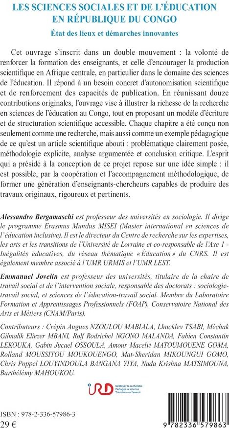 Quatrième de couverture de « LES SCIENCES SOCIALES ET DE L'EDUCATION EN REPUBLIQUE DU CONGO - ETAT DES LIEUX ET DEMARCHES INNOVAN »