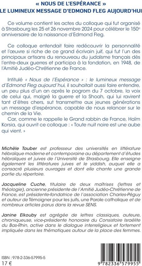 Quatrième de couverture de « « Nous de l'espérance » Le lumineux message d'Edmond Fleg aujourd'hui »