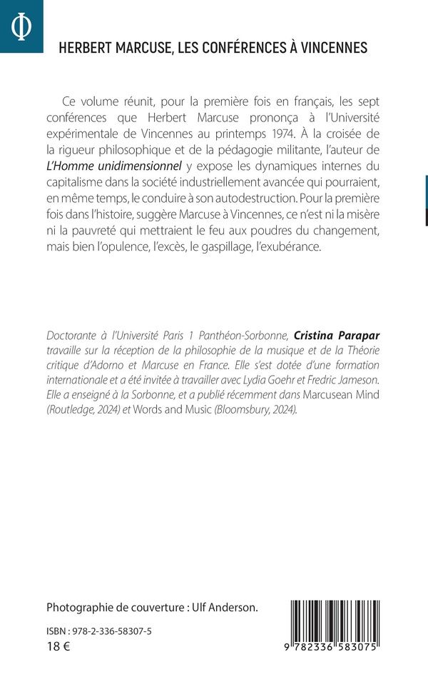 Quatrième de couverture de « HERBERT MARCUSE, LES CONFERENCES A VINCENNES - CAPITALISME ET OPPOSITION RADICALE »