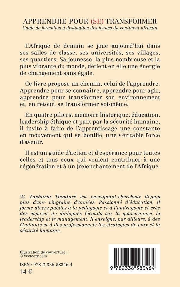 Quatrième de couverture de « Apprendre pour (se) transformer : Guide de formation à destination des jeunes du continent africain »