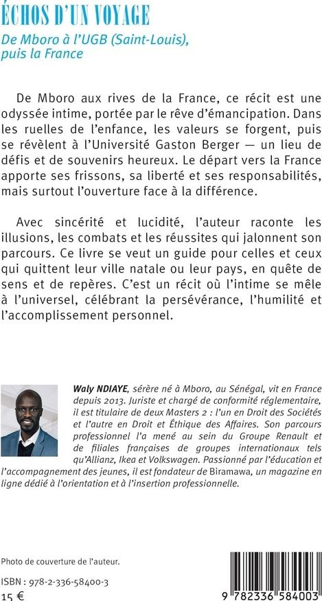 Quatrième de couverture de « Échos d un voyage : De Mboro à l UGB (Saint-Louis), puis la France »