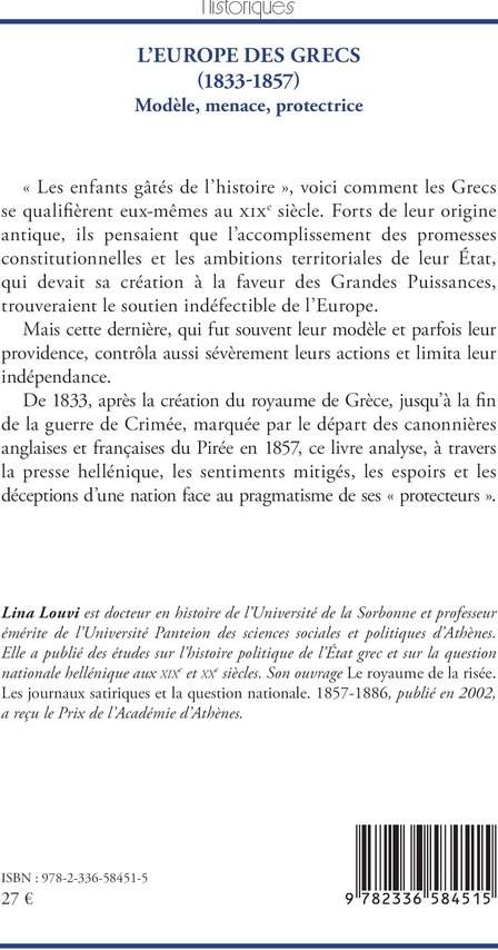 Quatrième de couverture de « L'Europe des Grecs, 1833-1857 : modèle, menace, protectrice »