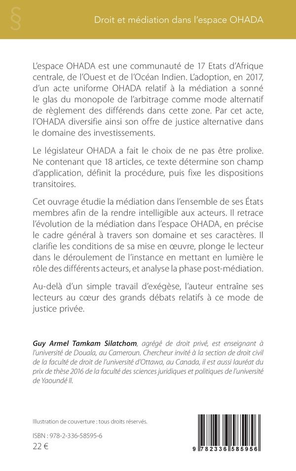 Quatrième de couverture de « Droit et médiation dans l'espace OHADA : le cadre juridique de l'Acte uniforme relatif à la médiation »