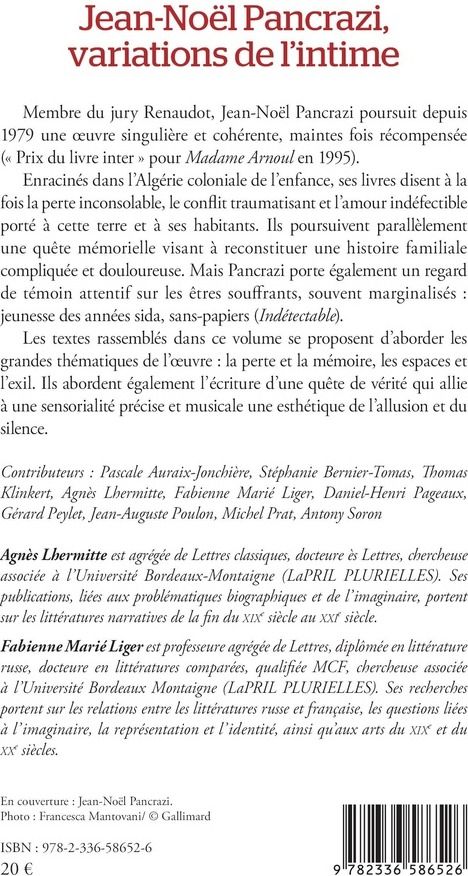 Quatrième de couverture de « Jean-Noël Pancrazi, variations de l intime »