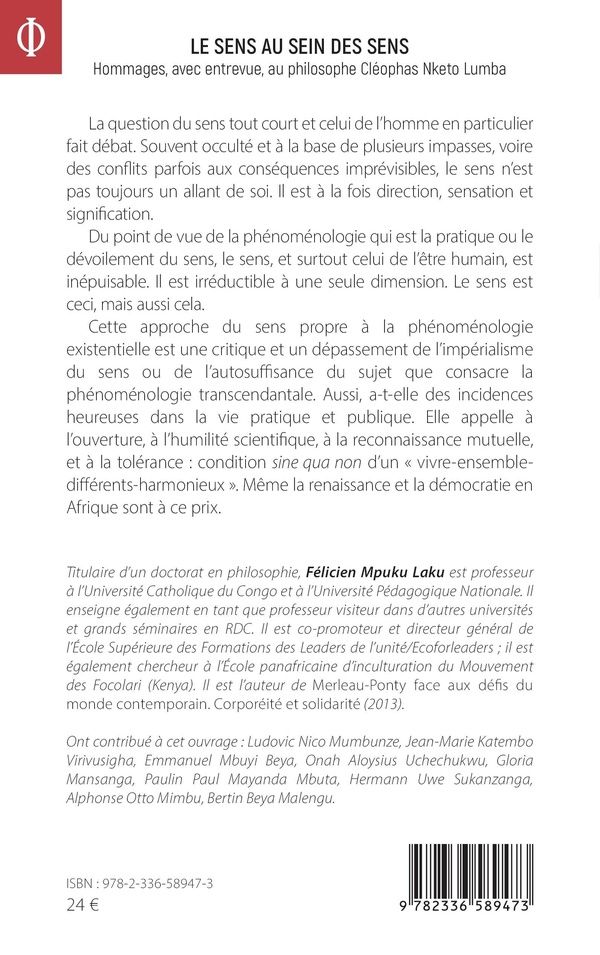 Quatrième de couverture de « Le sens au sein des sens : Hommages, avec entrevue, au philosophe Cléophas Nketo Lumba »