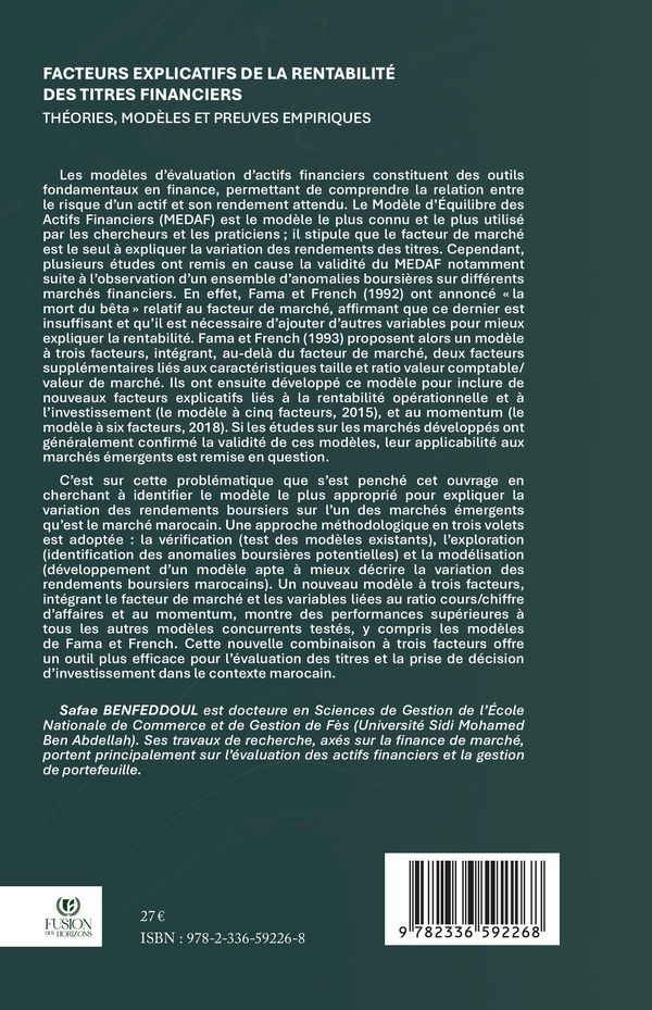 Quatrième de couverture de « Facteurs explicatifs de la rentabilité des titres financiers : théories, modèles et preuves empiriques »