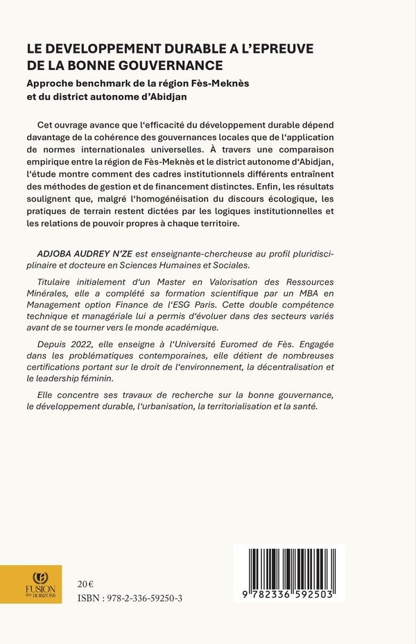 Quatrième de couverture de « Le développement durable à l'épreuve de la bonne gouvernance : approche benchmark de la région Fès-Meknès et du district autonome d'Abidjan »