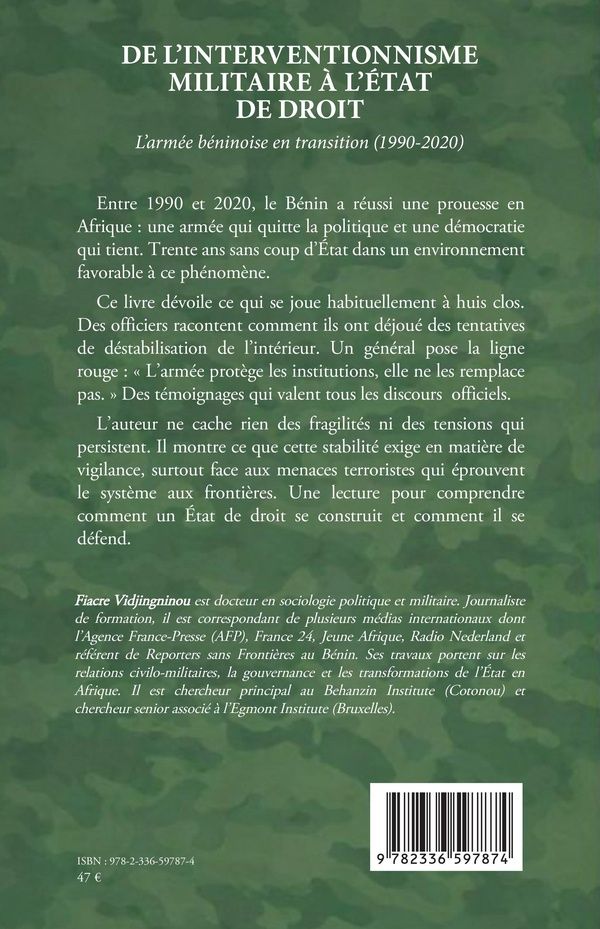 Quatrième de couverture de « De l'interventionnisme militaire à l'état de droit : L'armée béninoise en transition (1990-2020) »
