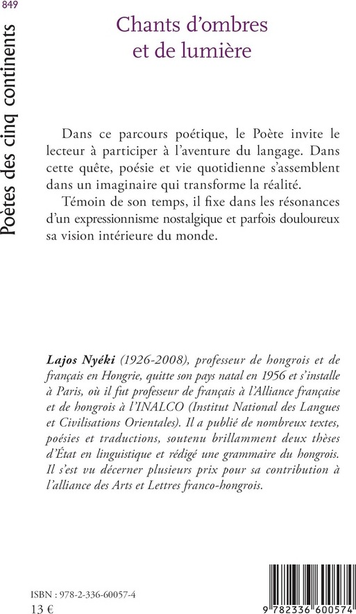 Quatrième de couverture de « Chants d'ombres et de lumière »