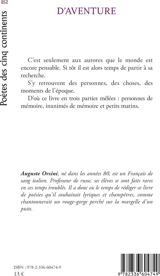 Quatrième de couverture de « D'aventure : poésies lyriques et champêtres »
