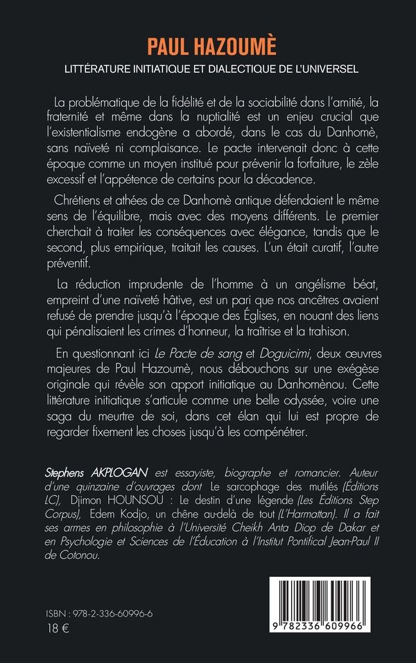 Quatrième de couverture de « Paul Hazoumè : littérature initiatique et dialectique de l universel »