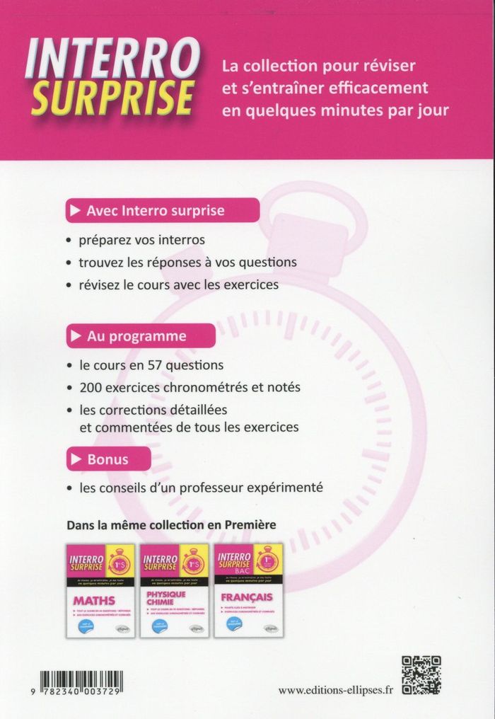 Quatrième de couverture de « MATHS PREMIERES ES/L - TOUT LE COURS EN 57 QUESTIONS/REPONSES ET 200 EXERCICES CHRONOMETRES ET CORRI »