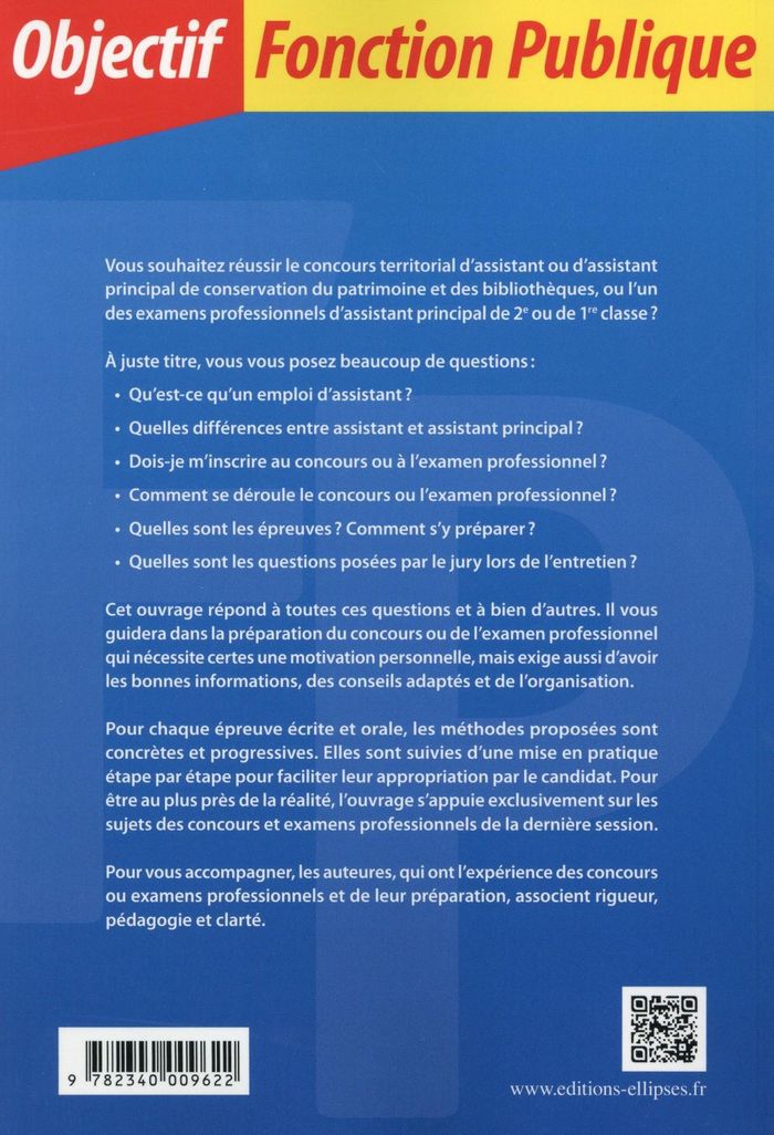 Quatrième de couverture de « ASSISTANT TERRITORIAL. ASSISTANT TERRITORIAL PRINCIPAL DE 1RE ET 2E CLASSE DE CONSERVATION DU PATRIM »