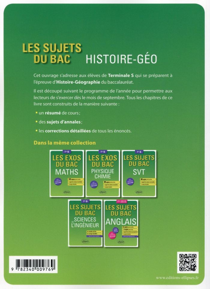 Quatrième de couverture de « HISTOIRE-GEOGRAPHIE - TERMINALE S - 20 SUJETS POSES AU BAC + LES CORRIGES DETAILLES »