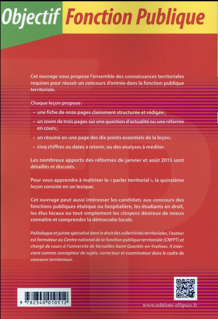 Quatrième de couverture de « LES COLLECTIVITES TERRITORIALES EN 15 LECONS »