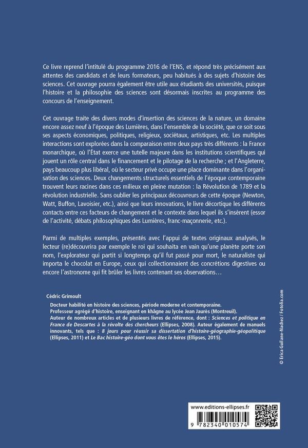 Quatrième de couverture de « SCIENCE ET SOCIETE AU XVIIIE SIECLE. EN FRANCE ET EN GRANDE-BRETAGNE DE 1687 A 1789. CONCOURS ENS »