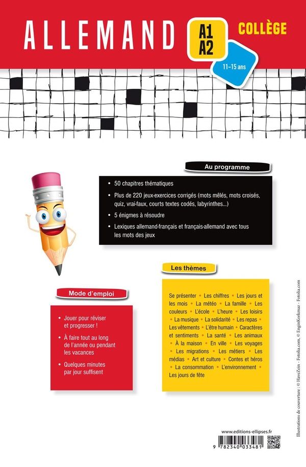 Quatrième de couverture de « ALLEMAND - CAHIER DE VOCABULAIRE - JEUX ET ENIGMES POUR REVISER ET POUR PROGRESSER (A1-A2) (CYCLE 4) »