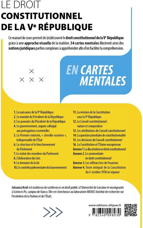 Quatrième de couverture de « Le droit constitutionnel de la Ve République : en cartes mentales »