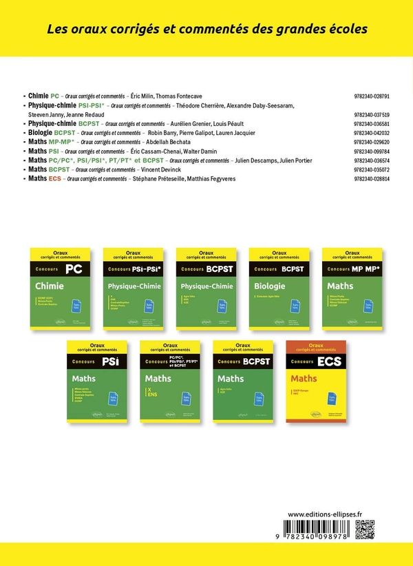 Quatrième de couverture de « Maths : ENS, X-ESPCI, Mines, Centrale, Mines-Télécom, CCINP-CCP »