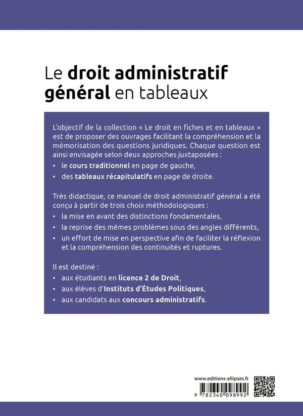 Quatrième de couverture de « Le droit administratif général en tableaux »