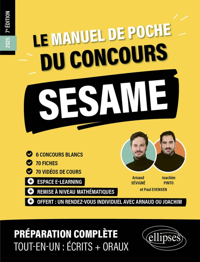 Couverture du livre « Le manuel de poche du concours SÉSAME : 6 concours blancs, 70 fiches, 70 vidéos de cours » de Arnaud Sévigné, librairie Les Contes Infusés à Corte