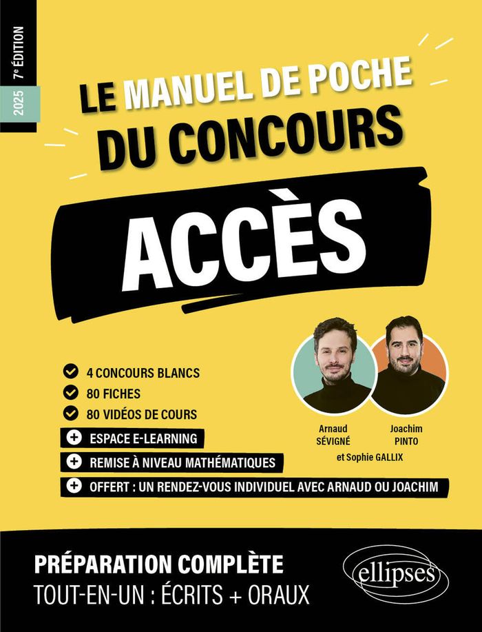 Couverture du livre « Le manuel de poche du concours ACCÈS : 4 concours blancs, 80 fiches, 80 vidéos de cours » de Arnaud Sévigné, librairie Les Contes Infusés à Corte