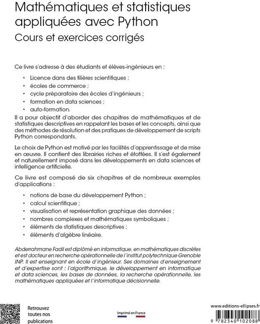 Quatrième de couverture de « Mathématiques et statistiques appliquées avec Python : cours et exercices corrigés »