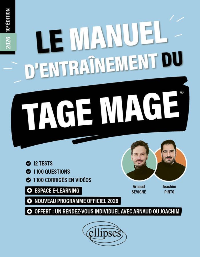 Couverture du livre « Le manuel d'entraînement du TAGE MAGE : 12 tests, 1100 questions, 1100 corrigés en vidéos » de Arnaud Sévigné, librairie Les Contes Infusés à Corte