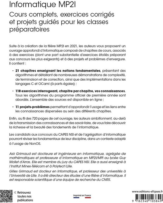 Quatrième de couverture de « Informatique MP2I : cours complets, exercices corrigés et projets guidés pour les classes préparatoires »