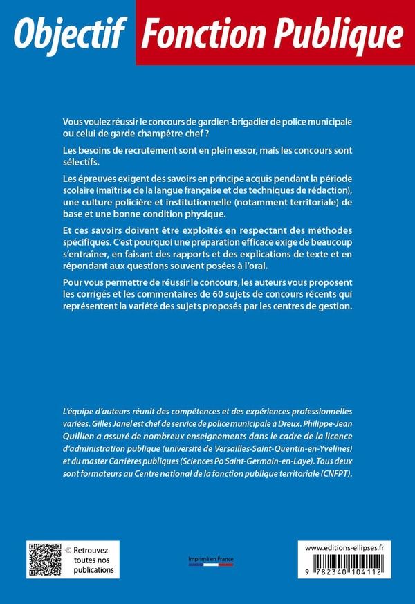 Quatrième de couverture de « Concours de gardien-brigadier de police municipale et de garde champêtre chef : catégorie C »