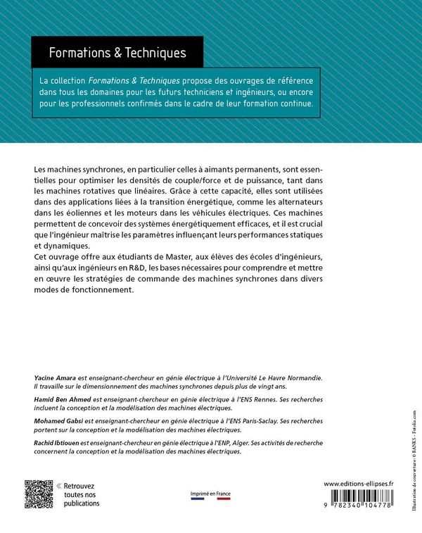 Quatrième de couverture de « Lois de commande, en régime permanent, des moteurs synchrones : problèmes et exercices corrigés »