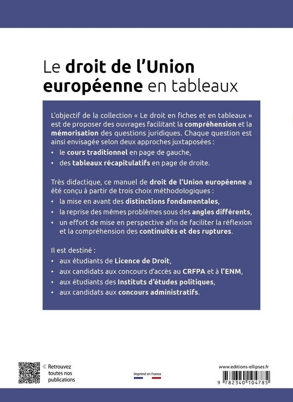 Quatrième de couverture de « Le droit de l'Union européenne en tableaux »