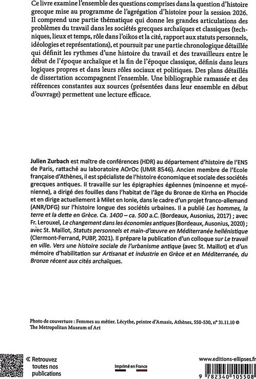 Quatrième de couverture de « Travailler en Grèce ancienne aux époques archaïque et classique : VIIIe-IVe siècles av. n. è. »