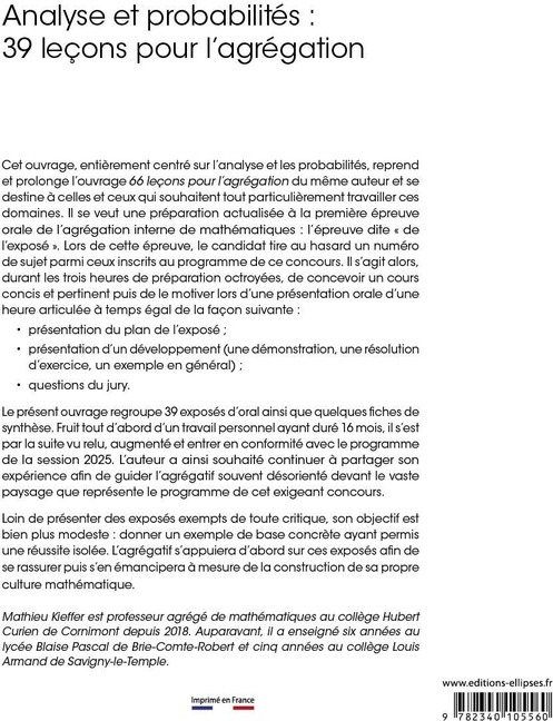 Quatrième de couverture de « Analyse et probabilités : 39 leçons pour l'agrégation »